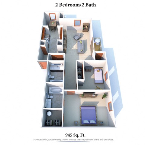 Floor plan for 2 beds, 2 baths, 945 sqft
